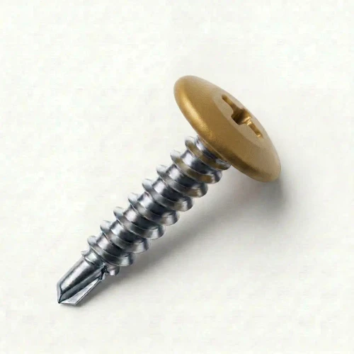 A 19mm x 4.2mm Painted Wafer Head Self drilling Screws - BZP Steel with a RAL 1036 Pearl Gold powder coated coloured screw head.