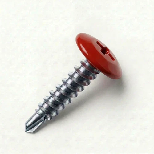 A 19mm x 4.2mm Painted Wafer Head Self drilling Screws - BZP Steel with a RAL 3020 Traffic Red powder coated coloured screw head.