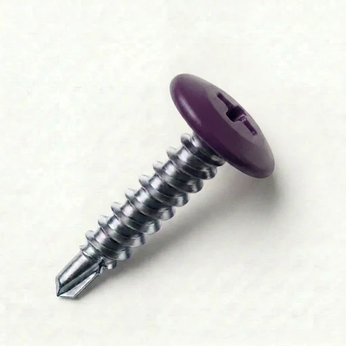 A 19mm x 4.2mm Painted Wafer Head Self drilling Screws - BZP Steel with a RAL 4007 Violet Purple powder coated coloured screw head.
