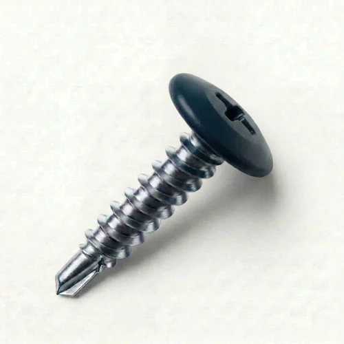 A 19mm x 4.2mm Painted Wafer Head Self drilling Screws - BZP Steel with a RAL 5004 Black Blue powder coated coloured screw head.