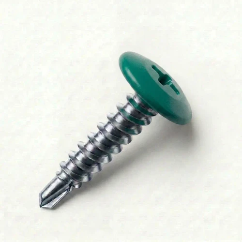 A 19mm x 4.2mm Painted Wafer Head Self drilling Screws - BZP Steel with a RAL 6016 Turquoise Green powder coated coloured screw head.