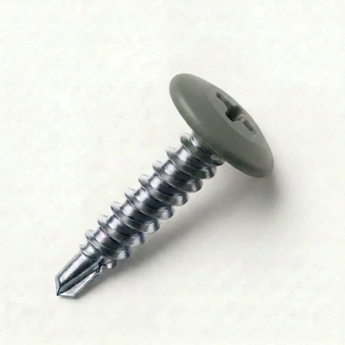 A 19mm x 4.2mm Painted Wafer Head Self drilling Screws - BZP Steel with a RAL 7009 Green Grey powder coated coloured screw head.