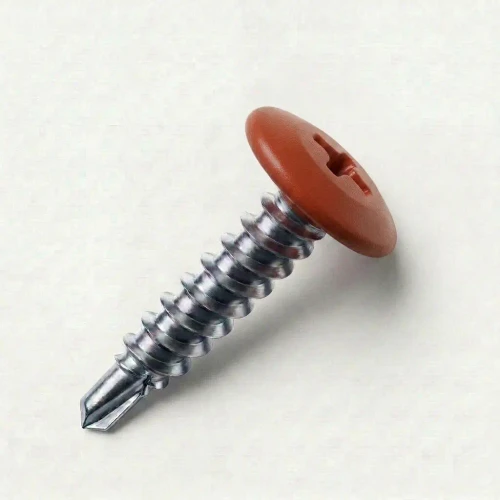 A 19mm x 4.2mm Painted Wafer Head Self drilling Screws - BZP Steel with a RAL 8004 Copper Brown powder coated coloured screw head.