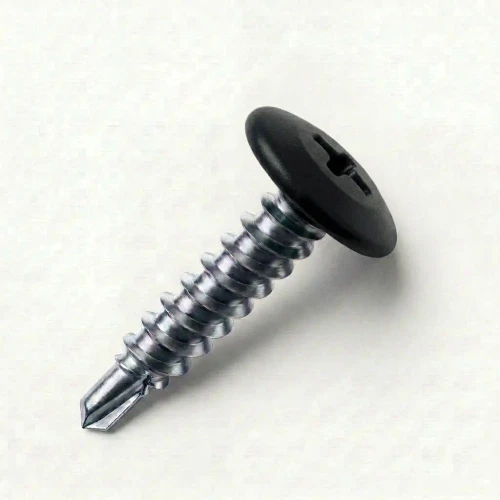 A 19mm x 4.2mm Painted Wafer Head Self drilling Screws - BZP Steel with a RAL 9005 Jet Black powder coated coloured screw head.
