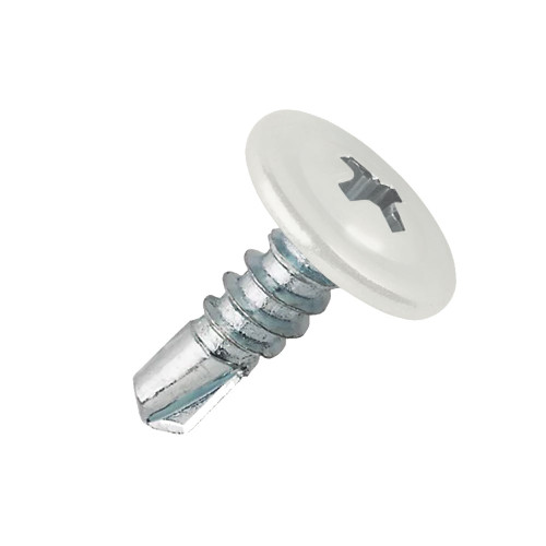 A 22mm x 4.8mm Painted Wafer Head Self drilling Screws - BZP Steel with a RAL 9016 Traffic White powder coated coloured screw head.