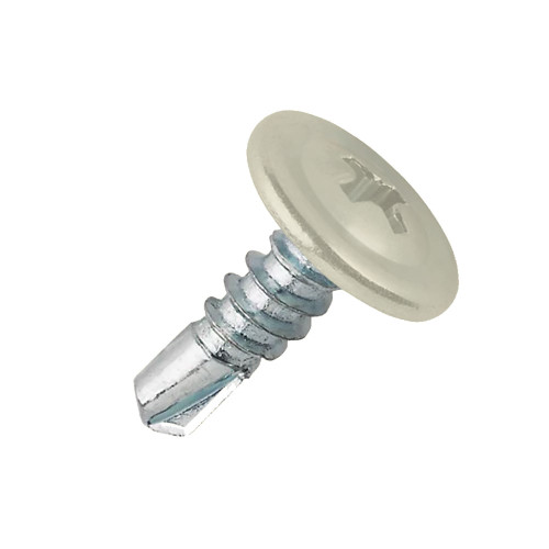 A 22mm x 4.8mm Painted Wafer Head Self drilling Screws - BZP Steel with a RAL 1013 Oyster White powder coated coloured screw head.