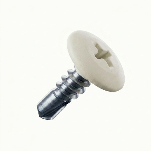 A 22mm x 4.8mm Painted Wafer Head Self drilling Screws - BZP Steel with a RAL 1013 Oyster White powder coated coloured screw head.
