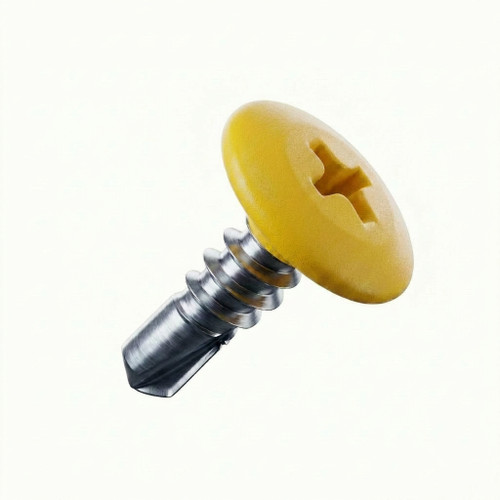 A 22mm x 4.8mm Painted Wafer Head Self drilling Screws - BZP Steel with a RAL 1023 Traffic Yellow powder coated coloured screw head.