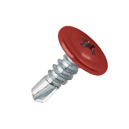 A 22mm x 4.8mm Painted Wafer Head Self drilling Screws - BZP Steel with a RAL 3020 Traffic Red powder coated coloured screw head.