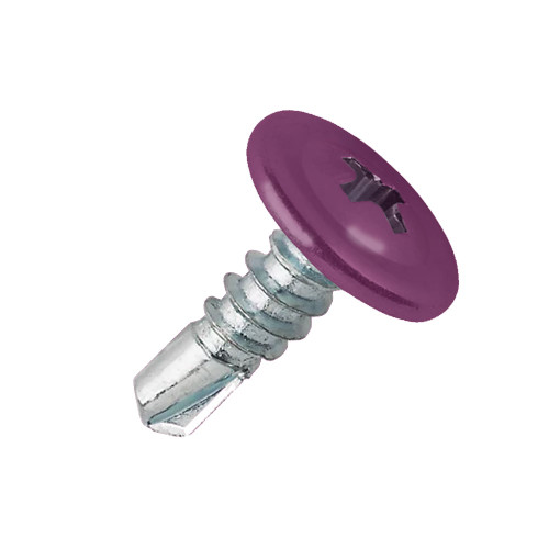 A 22mm x 4.8mm Painted Wafer Head Self drilling Screws - BZP Steel with a RAL 4006 Traffic Purple powder coated coloured screw head.