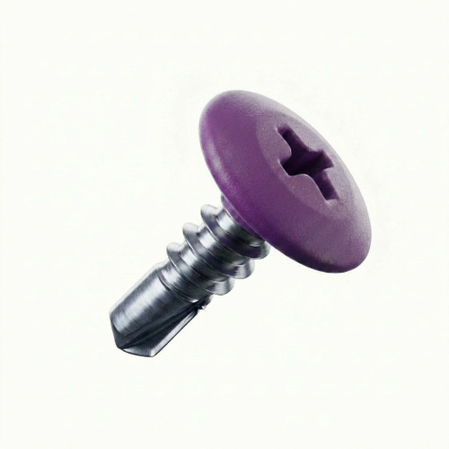 A 22mm x 4.8mm Painted Wafer Head Self drilling Screws - BZP Steel with a RAL 4007 Violet Purple powder coated coloured screw head.