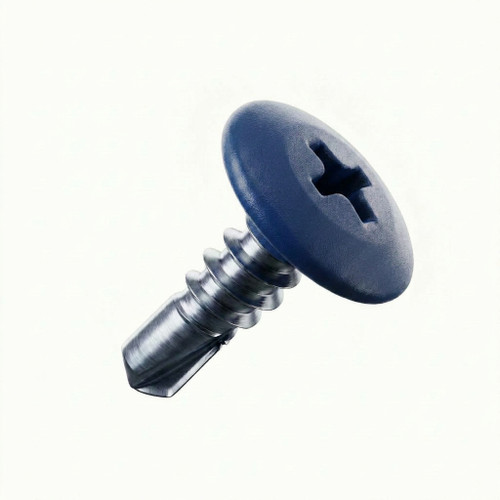 A 22mm x 4.8mm Painted Wafer Head Self drilling Screws - BZP Steel with a RAL 5004 Black Blue powder coated coloured screw head.