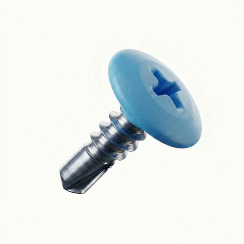 A 22mm x 4.8mm Painted Wafer Head Self drilling Screws - BZP Steel with a RAL 5012 Light Blue powder coated coloured screw head.