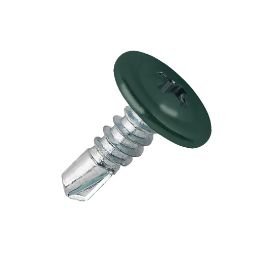 A 22mm x 4.8mm Painted Wafer Head Self drilling Screws - BZP Steel with a RAL 6005 Moss Green powder coated coloured screw head.