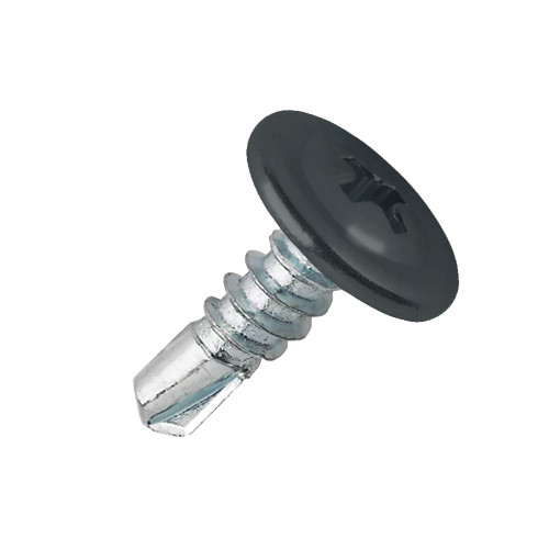 A 22mm x 4.8mm Painted Wafer Head Self drilling Screws - BZP Steel with a RAL 6012 Black Green powder coated coloured screw head.