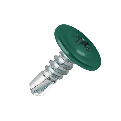 A 22mm x 4.8mm Painted Wafer Head Self drilling Screws - BZP Steel with a RAL 6016 Turquoise Green powder coated coloured screw head.