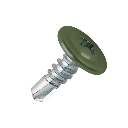 A 22mm x 4.8mm Painted Wafer Head Self drilling Screws - BZP Steel with a RAL 6025 Fern Green powder coated coloured screw head.