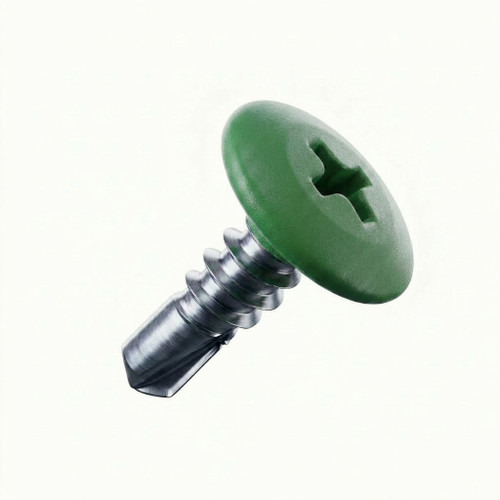 A 22mm x 4.8mm Painted Wafer Head Self drilling Screws - BZP Steel with a RAL 6025 Fern Green powder coated coloured screw head.