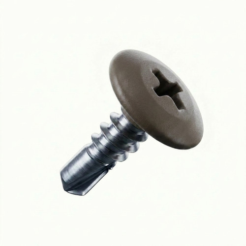 A 22mm x 4.8mm Painted Wafer Head Self drilling Screws - BZP Steel with a RAL 8019 Grey Brown powder coated coloured screw head.