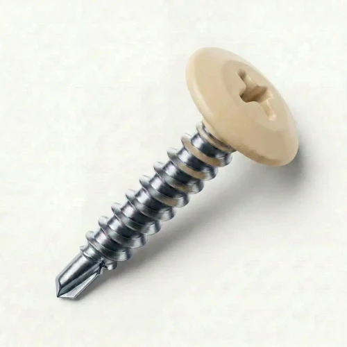 A 25mm x 4.2mm Painted Wafer Head Self drilling Screws - BZP Steel with a RAL 1015 Light Ivory powder coated coloured screw head.