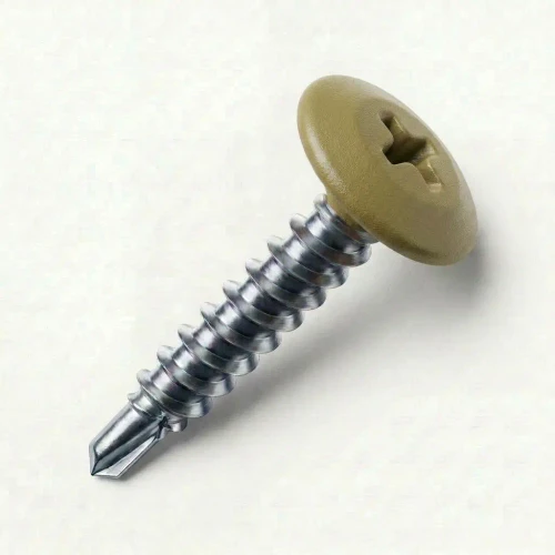 A 25mm x 4.2mm Painted Wafer Head Self drilling Screws - BZP Steel with a RAL 1020 Olive Yellow powder coated coloured screw head.