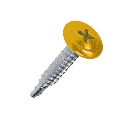 A 25mm x 4.2mm Painted Wafer Head Self drilling Screws - BZP Steel with a RAL 1023 Traffic Yellow powder coated coloured screw head.