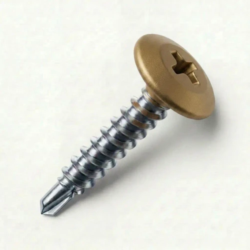 A 25mm x 4.2mm Painted Wafer Head Self drilling Screws - BZP Steel with a RAL 1036 Pearl Gold powder coated coloured screw head.