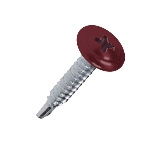 A 25mm x 4.2mm Painted Wafer Head Self drilling Screws - BZP Steel with a RAL 3004 Purple Red powder coated coloured screw head.