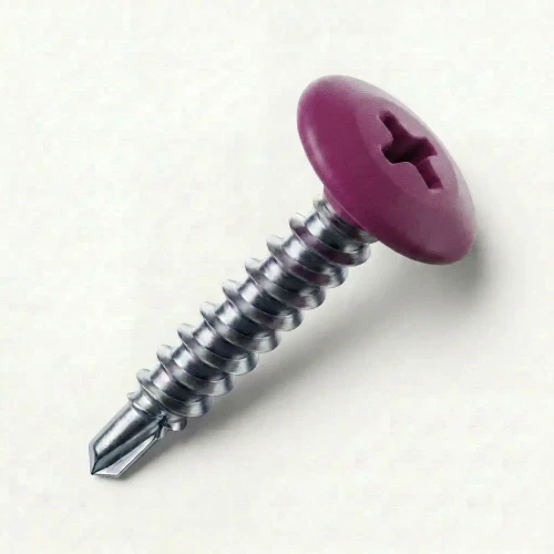 A 25mm x 4.2mm Painted Wafer Head Self drilling Screws - BZP Steel with a RAL 4006 Traffic Purple powder coated coloured screw head.