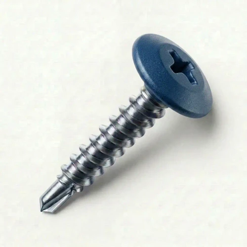 A 25mm x 4.2mm Painted Wafer Head Self drilling Screws - BZP Steel with a RAL 5003 Sapphire Blue powder coated coloured screw head.