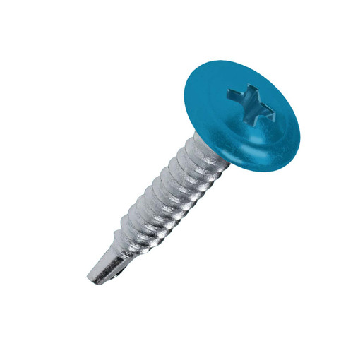 A 25mm x 4.2mm Painted Wafer Head Self drilling Screws - BZP Steel with a RAL 5012 Light Blue powder coated coloured screw head.