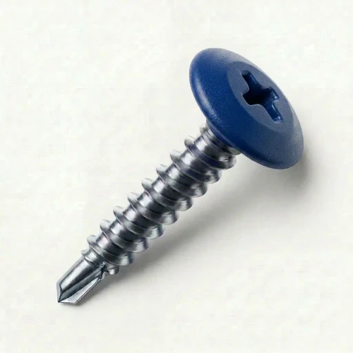 A 25mm x 4.2mm Painted Wafer Head Self drilling Screws - BZP Steel with a RAL 5013 Cobalt Blue powder coated coloured screw head.