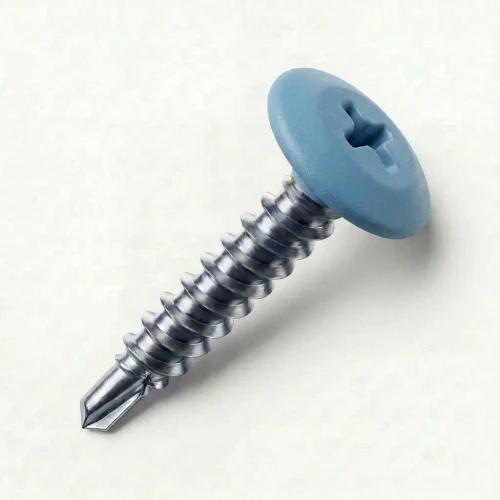 A 25mm x 4.2mm Painted Wafer Head Self drilling Screws - BZP Steel with a RAL 5024 Pastel Blue powder coated coloured screw head.