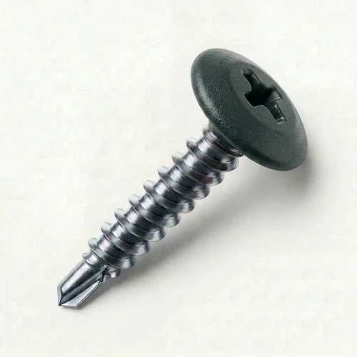 A 25mm x 4.2mm Painted Wafer Head Self drilling Screws - BZP Steel with a RAL 6012 Black Green powder coated coloured screw head.