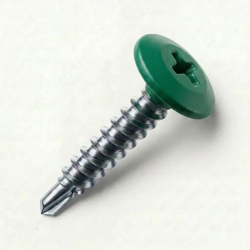 A 25mm x 4.2mm Painted Wafer Head Self drilling Screws - BZP Steel with a RAL 6024 Traffic Green powder coated coloured screw head.