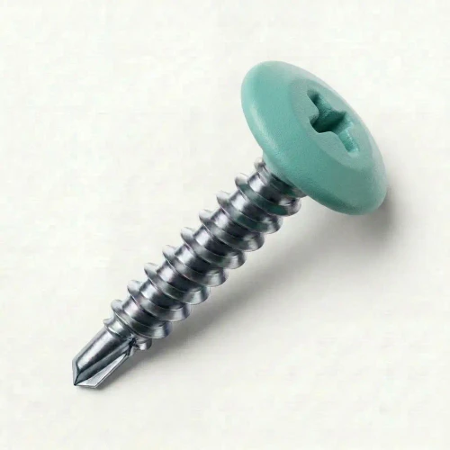 A 25mm x 4.2mm Painted Wafer Head Self drilling Screws - BZP Steel with a RAL 6027 Light Green powder coated coloured screw head.