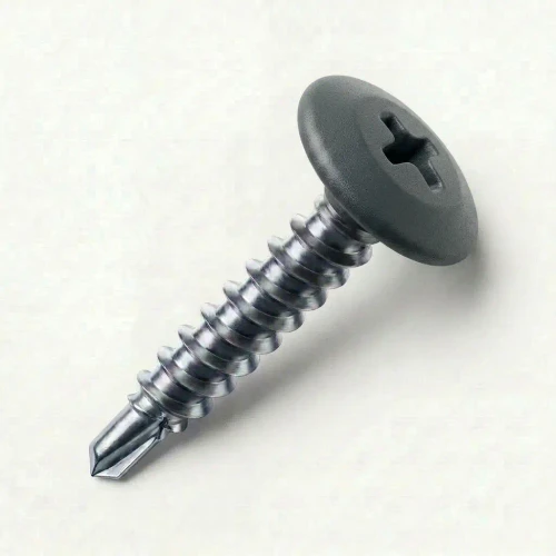 A 25mm x 4.2mm Painted Wafer Head Self drilling Screws - BZP Steel with a RAL 7016 Anthracite Grey powder coated coloured screw head.