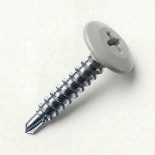 A 25mm x 4.2mm Painted Wafer Head Self drilling Screws - BZP Steel with a RAL 7035 Light Grey powder coated coloured screw head.