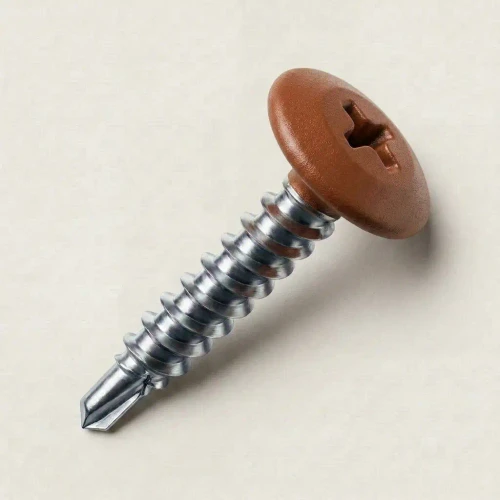 25mm x 4.2mm Painted Wafer Head Self drilling Screws - BZP Steel with a RAL 8004 Copper Brown powder coated coloured screw head.