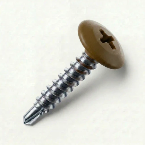 A 25mm x 4.2mm Painted Wafer Head Self drilling Screws - BZP Steel with a RAL 8008 Olive Brown powder coated coloured screw head.