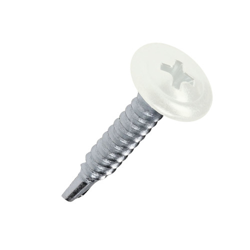 A 25mm x 4.2mm Painted Wafer Head Self drilling Screws - BZP Steel with a RAL 9010 Pure White powder coated coloured screw head.