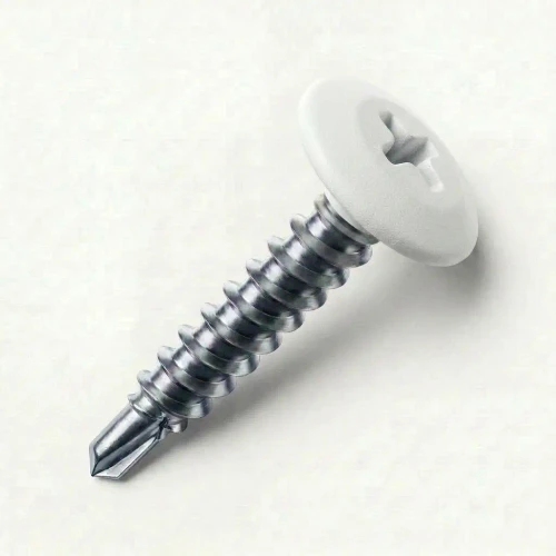 A 25mm x 4.2mm Painted Wafer Head Self drilling Screws - BZP Steel with a RAL 9010 Pure White powder coated coloured screw head.