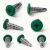 Different angles of the 16mm x 4.2mm Painted Wafer Head Self Drilling Screws - BZP Steel with a RAL 6016 Turquoise Green powder coated coloured screw head.