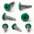 Various angles of the 16mm x 4.2mm Painted Wafer Head Self Drilling Screws - BZP Steel with a RAL 6024 Traffic Green powder coated coloured screw head.