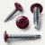 Various angles of the purple red wafer head screws with drill points for metal work and framing applications.