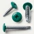Turquoise green wafer headed screws with drill points shown here in various angles