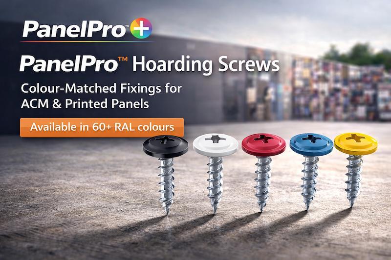 A selection of PanelPro coloured hoarding and acm fixing screws next to a printed hoarding.