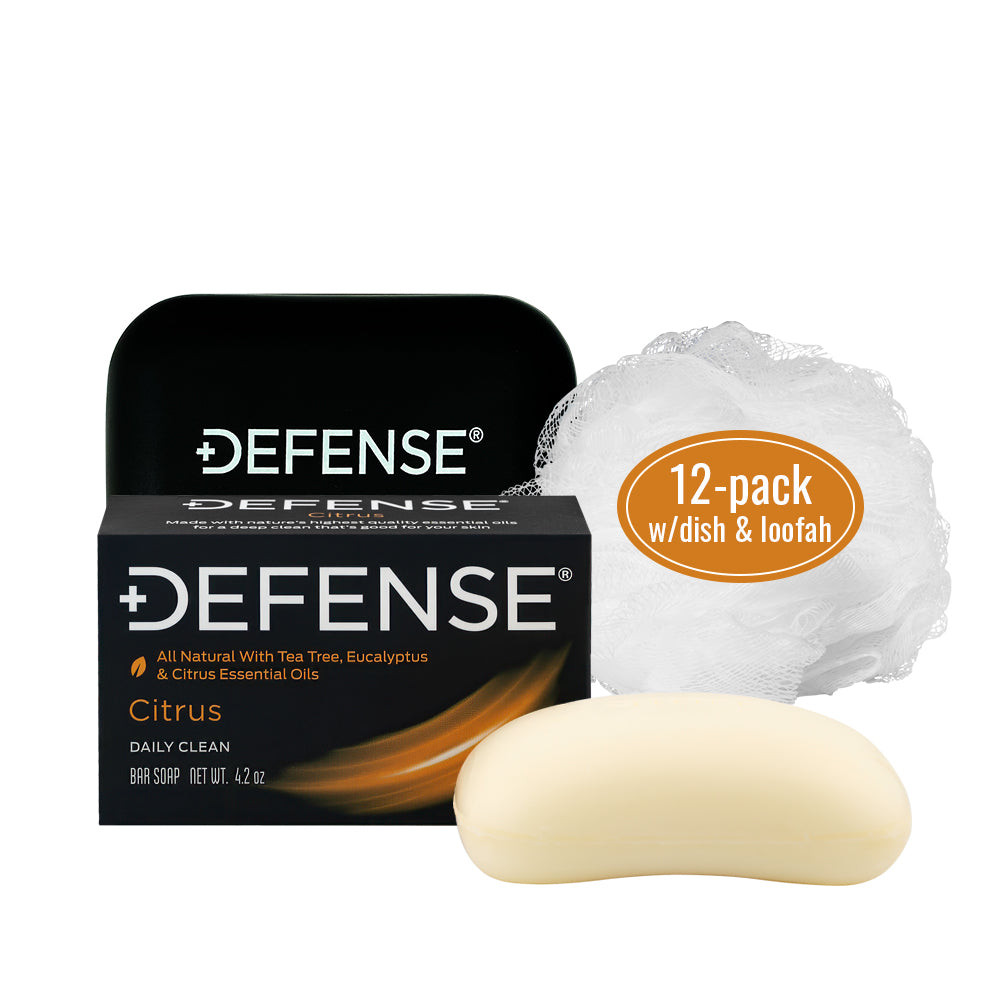 Defense Bar Soap – Citrus – Pack of 12 + Dish + Loofah