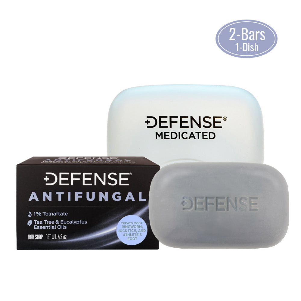 Defense Antifungal Medicated Bar Soap – Pack of 2 + 1 Soap Dish