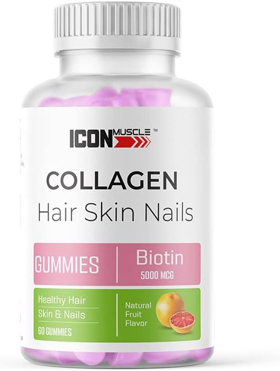 Icon Muscle Collagen Gummies | Hair, Skin, Nails | Biotin | B Vitamins | Natural | Vegan | 60 Gummies